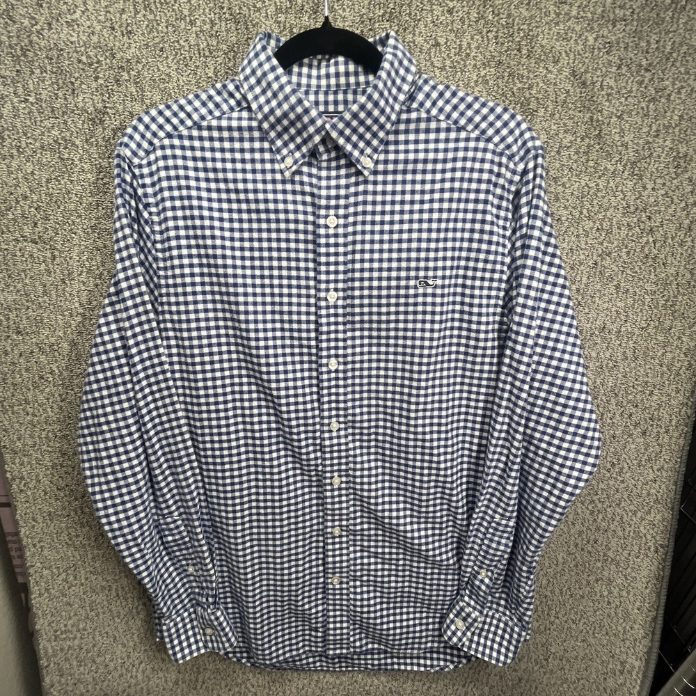 Vineyard Vines Mens Preppy Slim Fit Whale Dress Shirt Size M Blue Plaid Logo EUC